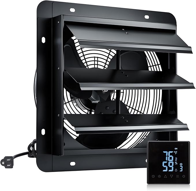 GROWNEER 14 Inch Shutter Exhaust Fan with Temperature Humidity Controller, 1700 CFM Remote Control Attic Fan, 10-Speed Adjustable Wall Mount Vent Fan for Green House, Garage, Shed, Attic