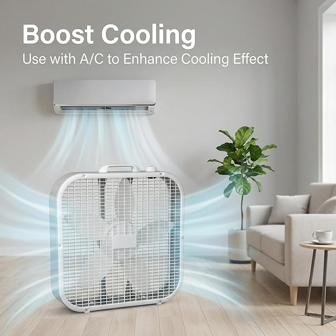 20-Inch Box Fan with Weather-Resistant Motor, 3-Speed Floor and Window Cooling Fan with Plastic Frame, Portable Carry Handle, 72-Inch Cord for Bedroom, Garage, Dorm, White