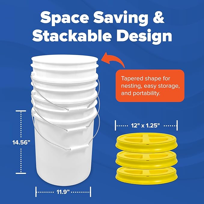 ePackageSupply 5 Gallon Bucket - Food Grade Bucket with Airtight Gamma Seal Screw-On Lid, BPA-Free, Heavy-Duty 90 Mil HDPE Plastic, Bulk Storage, Durable Container, Made in USA, White/Yellow, 6 Packs