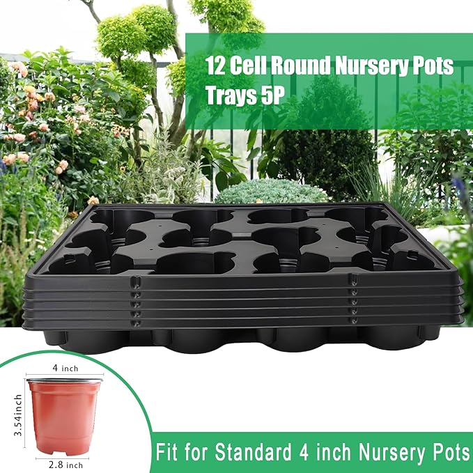 RooTrimmer 12 Cell Round Nursery Trays Thickened Durable Seedling Pots Shuttle Carrying Trays for Holding 4 inch Pots (16.85" 12.6", 5-Pack)
