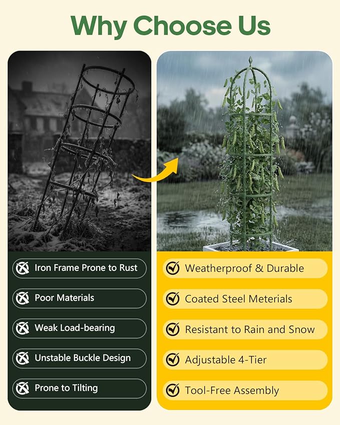 Joyhalo 2 Pack Trellis for Climbing Plants Outdoor, 6.2ft High Adjustable Garden Trellis for Flowers, Green Plastic Coated Steel Plant Stakes Use As Tomato Cage