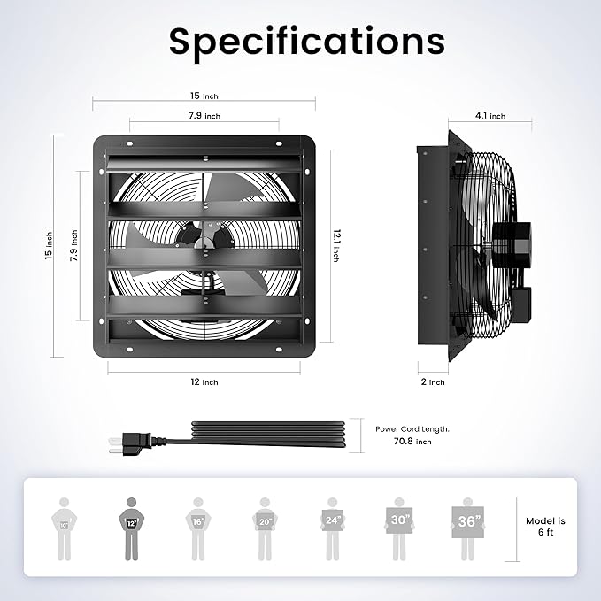 12" Shutter Exhaust Fan with 6 ft Power Cord, EC Motor Wall Mount Attic Fan, Smart Programming Variable Speed, Temp/Humidity & Timer, Auto Louvers, 1597 CFM for Window, Shed, Commercial, Waterproof