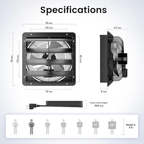 12" Shutter Exhaust Fan with 6 ft Power Cord, EC Motor Wall Mount Attic Fan, Smart Programming Variable Speed, Temp/Humidity & Timer, Auto Louvers, 1597 CFM for Window, Shed, Commercial, Waterproof