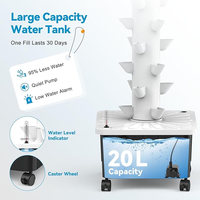 JESLED Hydroponic Tower with 5000K Full-Spectrum Grow Lights, Dual Timers for Auto Watering & Lighting, Hydroponics Growing System with 20L Water Tank, High 66.2", Home Indoor Garden