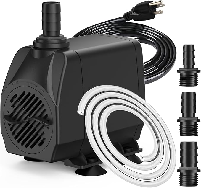 SongLong 60W 800GPH Ultra Silent Water Pump | 10ft 3-Pin Cord with Tubing, Overheat Protection | Perfect for Small Fountains, Fish Ponds & Hydroponics