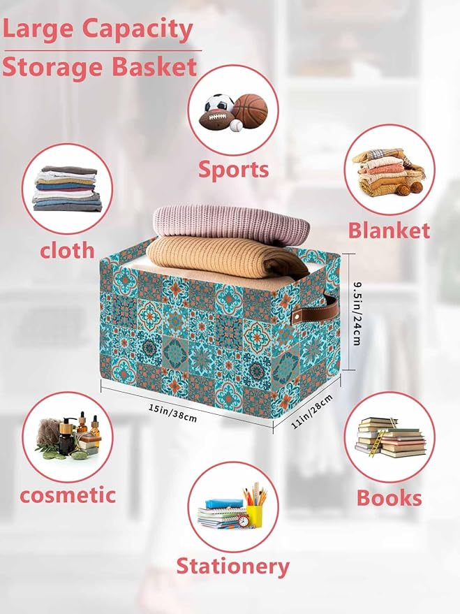 Retro Middle Century Storage Bins Cubes Waterproof Cloth Storage Basket,Rustic Bohemia Style Aztec Blue Foldable Storage Bags for Shelf Clothes Storages Organizers with Handles 15x11x9.5 in 2PCS