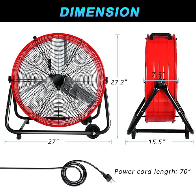 WARMLREC 24" Industrial Floor Fan, 8900 CFM High Velocity Drum Fan with 3 Speeds, Portable Heavy Duty Industrial Fan for Warehouse, Workshop, Factory, Commercial, Residential and Greenhouse Red