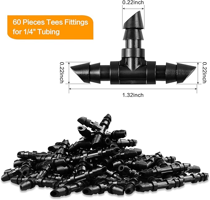 1/4" Drip Irrigation Tee Fittings, 60 Pieces Barbed Tee Connectors for 1/4 Inch Tubing, Drip Line 3-Way T Parts for Sprinkler Garden Lawn Irrigation System