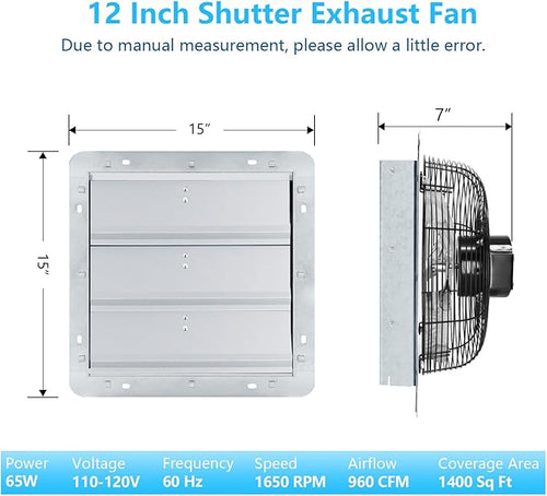 12 inch Shutter Exhaust Fan with Speed & Thermostat Control, 1400 SQ. Ft Coverage Area, 960 CFM, Upgrade Wall Mount Attic Vent Fan for Greenhouse, Garage, Chicken Coops Ventilation Fans