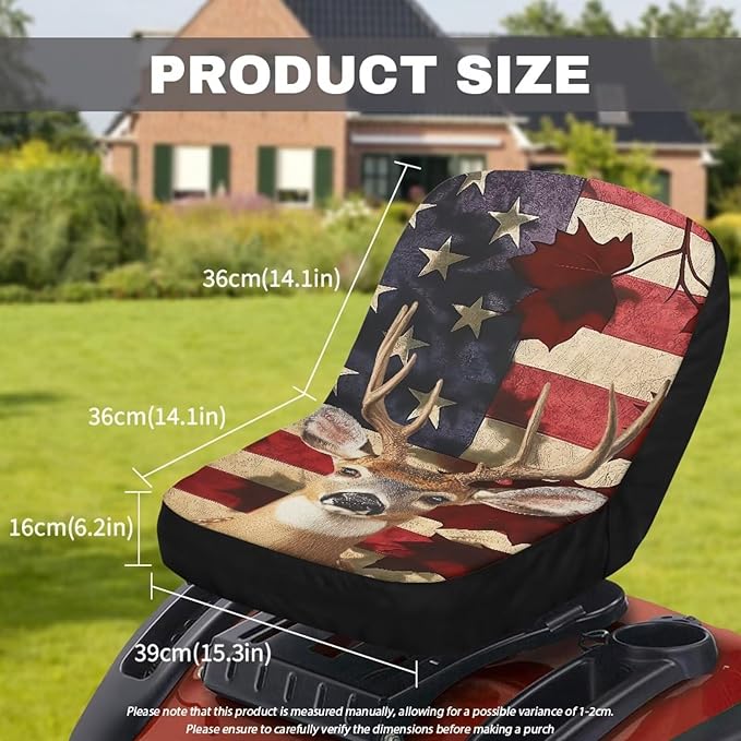 Riding Lawn Mower Seat Cover with Pockets,Deer and Flag Waterproof Tractor Seat Covers Water Protective Heat-Resistance Tractors Cushion Cover Fits Most Lawnmowers