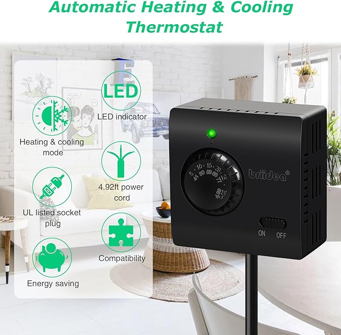 Adjustable Thermostat, Briidea Plug in Heating & Cooling Thermostat with LED Indicator, Compatible with Space Heater, Window Air Conditioners, Fans, Ideal for Household, Reptile, Greenhouse, Black