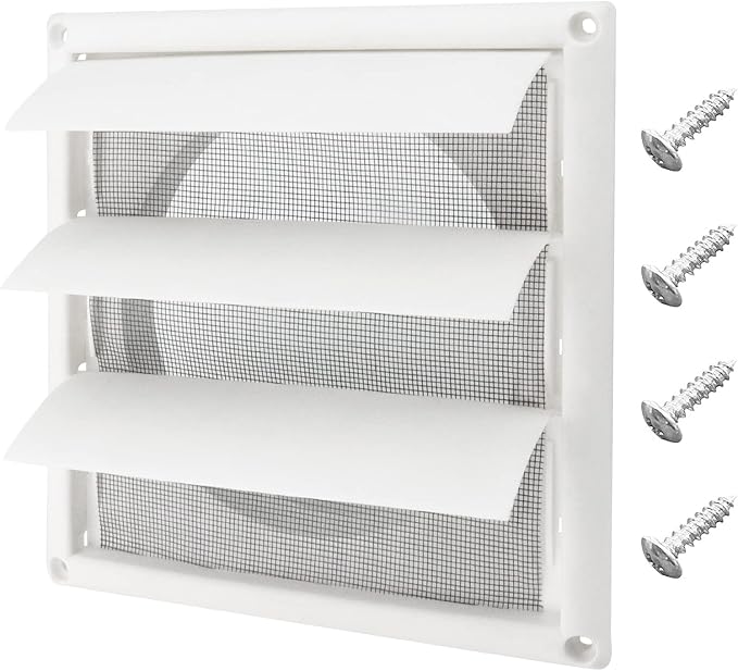 Blutoget 6" Louvered exhaust Vent Cover 8" x 8" Oversize dryer outlet cover for Exterior Wall Vent Hood Outlet Airflow - 6 Inch Vent Cover Exterior with 4 Vent Screen Screw (White)