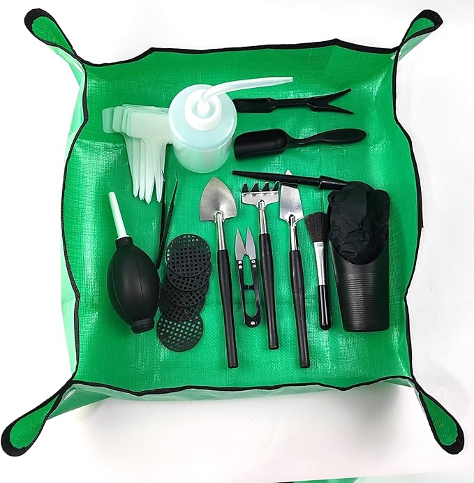 TIHOOD 30PCS/Set Mini Garden Hand Transplanting Succulent Tools Set, 19.7" Thickened Repotting Mat & Plant Tag, Miniature Planting Indoor Fairy Care, Potting, Cactus, Houseplant Bonsai Tool Kit