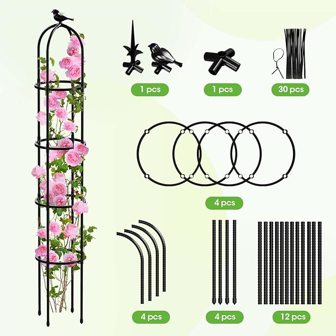 2PCS Updated Garden Obelisk Trellis for Climbing Plants Outdoor, 6.3 FT Tomato Cage, Rose, Flowers, Grape, Pea, Cucumber Trellis, Rustproof Plastic Coated Metal Plant Support Trellis for Potted Plants