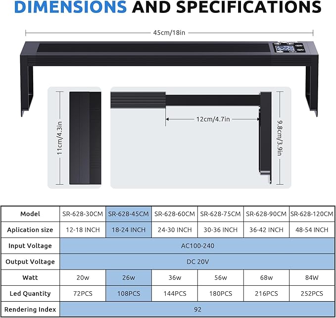 SEAOURA 24/7 LED Aquarium Plant Light for 18-24 Inch Fish Tank, Auto On Off with Timer, 9 Colors, Adjustable Brightness, Daylight & Moonlight Mode, Full Spectrum Fish Tank Light for Plants