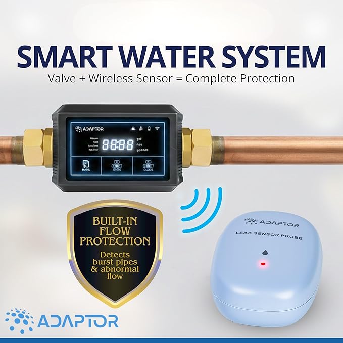 Adaptor Smart WiFi Water Leak Detection Valve & Water Detector Sensor Bundle, Automatic Shut Off, ¾” Pipe Compatible, App Alerts, Home Flood Sensor Prevention System