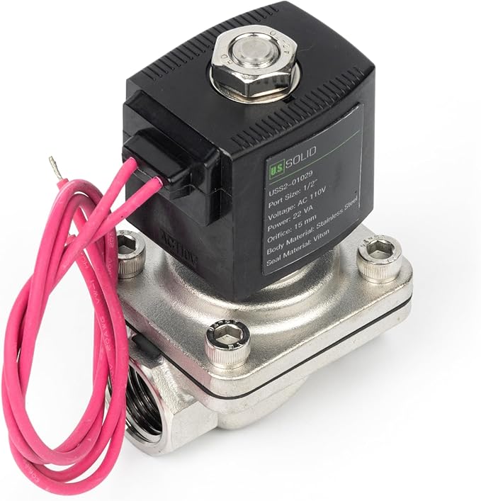 U.S. Solid 1/2" Stainless Steel Solenoid Valve - 110V AC Normally Closed Electric Solenoid Valve with Viton Seal, Lead Wire Type