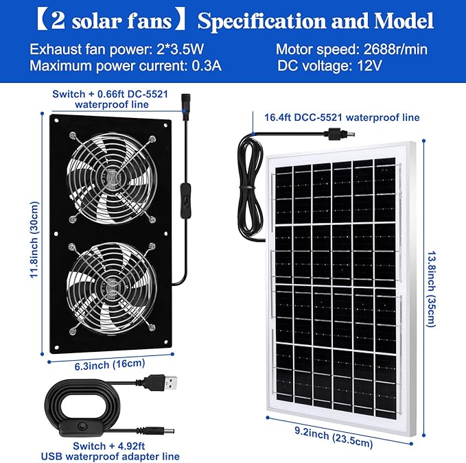 Solar Exhaust Fans & Powered Fan with 15W Panel & 2-Pack High-Speed Brushless DC Fans,Solar Ventilation Fan for Greenhouses, Chicken Coops, Attics, Barns, Sheds & Dog Houses