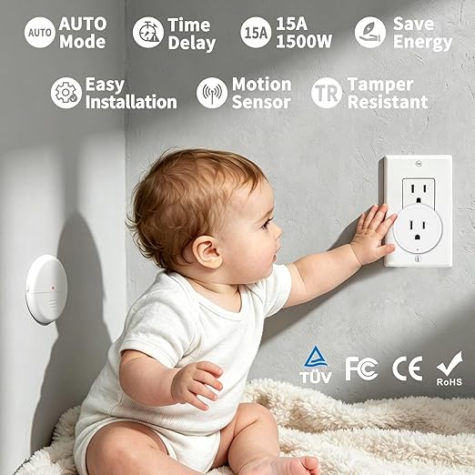 NineLeaf Wireless Motion Sensor Plug, PIR Sensor Outlet with Timer Setting to Auto Turn On/Off, Adjustable Detection Range, 15A/1500W Remote Control Plug for Christmas Lights, Fans(2Sensor 5Plugs)