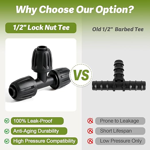 12 Pack 1/2 Inch Drip Irrigation Tee Fittings (1/2" ID x 0.6-0.65" OD), 1/2'' Dripline Barbed Tee Connectors with Anti-Drop Lock Nuts for Garden Lawn Irrigation System Connection