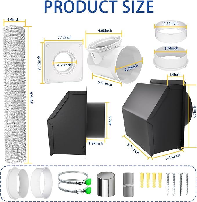 4" Dryer Vent Kit with Hose, Duct Connector and Wall Plate, 90 Degree Dryer Vent Elbow, 4Inch Dryer Vent cover Connector Wall Ducting Kit for Bathroom Exhaust Fans Air Circulation