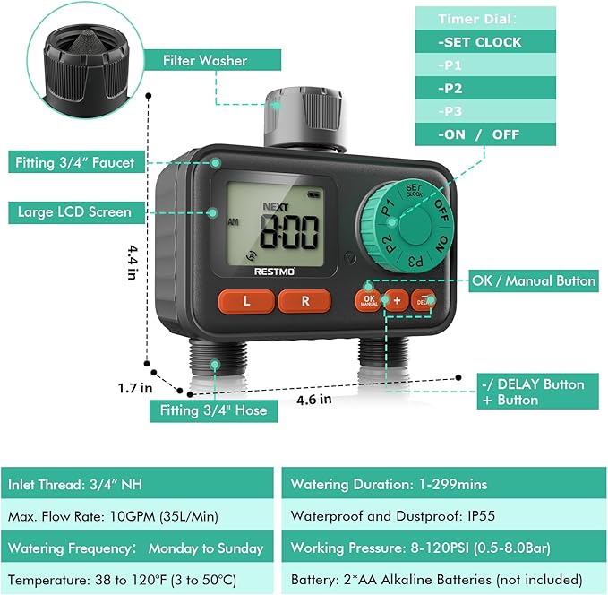 RESTMO 2-Zone Sprinkler Timer with 3 Separate Programs, 7-Day Programmable Water Timer for Garden Hose, Automatic Control/Manual/Rain Delay, Ideal for Drip Irrigation and Lawn Watering System