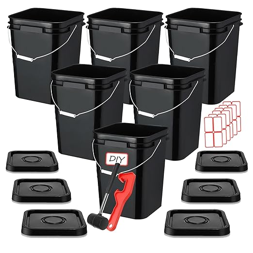 5 Gallon Bucket with Lid, Square Food Grade Plastic Pail with Metal Handles, Heavy Duty Industrial Storage Containers with Stickers, Rubber Mallet, Lid Opener (6 Pack, Black)