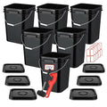 5 Gallon Bucket with Lid, Square Food Grade Plastic Pail with Metal Handles, Heavy Duty Industrial Storage Containers with Stickers, Rubber Mallet, Lid Opener (6 Pack, Black)