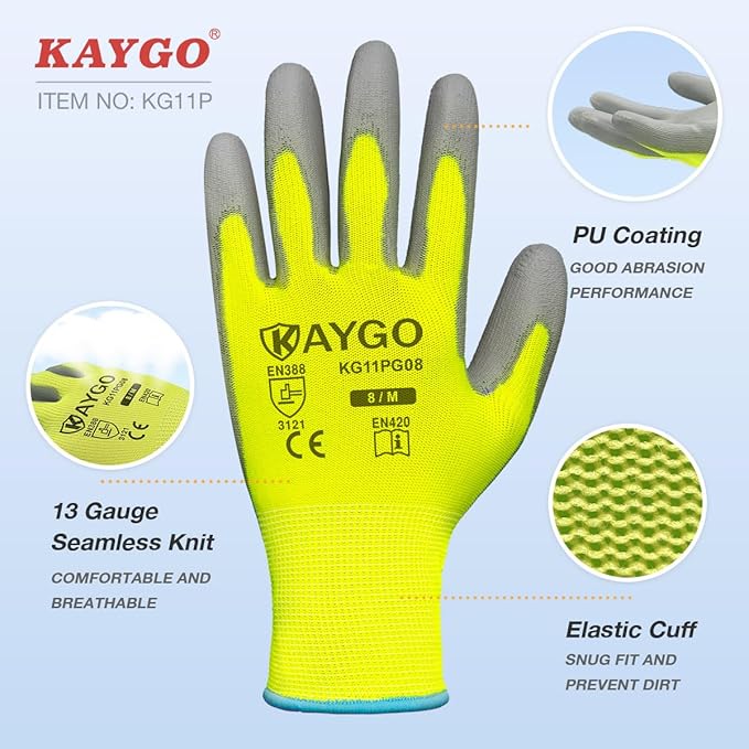 KAYGO Work Gloves for Men and Women,12 Pairs Seamless Knit PU Coated Safety Gloves, with Smooth Grip on Palm and Fingers, Ideal for Light Warehouse, Manufacturing, Gardening, KG11P (XL,Green)