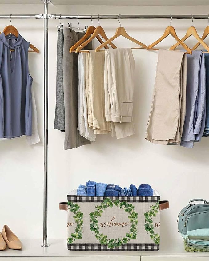 Spring Eucalyptus Leaves Storage Bins Cubes Waterproof Cloth Storage Basket,Farmhouse Botanical Burlap Paid Foldable Storage Bags for Shelf Clothes Storages Organizers with Handles 15x11x9.5 in 1PCS