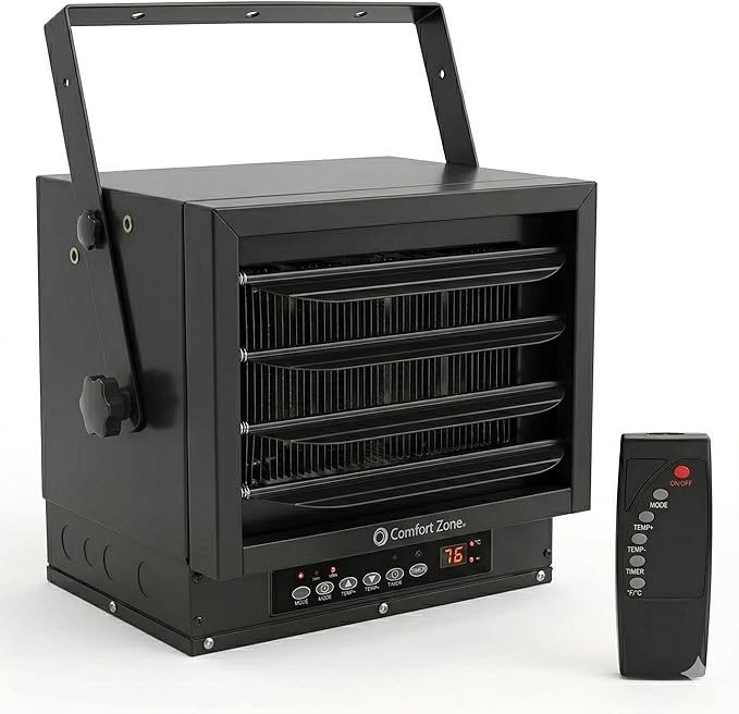 Comfort Zone Hard-Wired Ceiling Mount Garage Space Heater with Remote, 7,500 Watt, 240 Volt, Fan-Forced, Overheat Protection, Digital Thermostat, 12-Hour Timer, Ideal for Garage & Workshop, CZ230ERBK