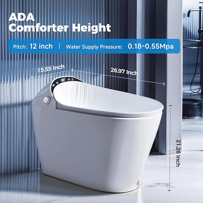 Smart Toilet Instant Warm Water, Heated Seat, Auto Open/Close, Pump-assited Powerful Auto Flush，Self Cleaning Nozzle, Water Filter, ADA Comfort Height, Night Light, Air Dryer,Built In Tank & Bidet