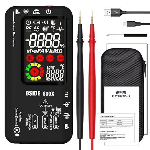 BSIDE Smart Digital Multimeter Infrared Thermometer Rechargeable 9999 Counts Voltmeter, D:S=12:1, Measure High/Low Voltage Diode, Capacitance Amp Tester for HVAC LED Electronic Automotive Electrician