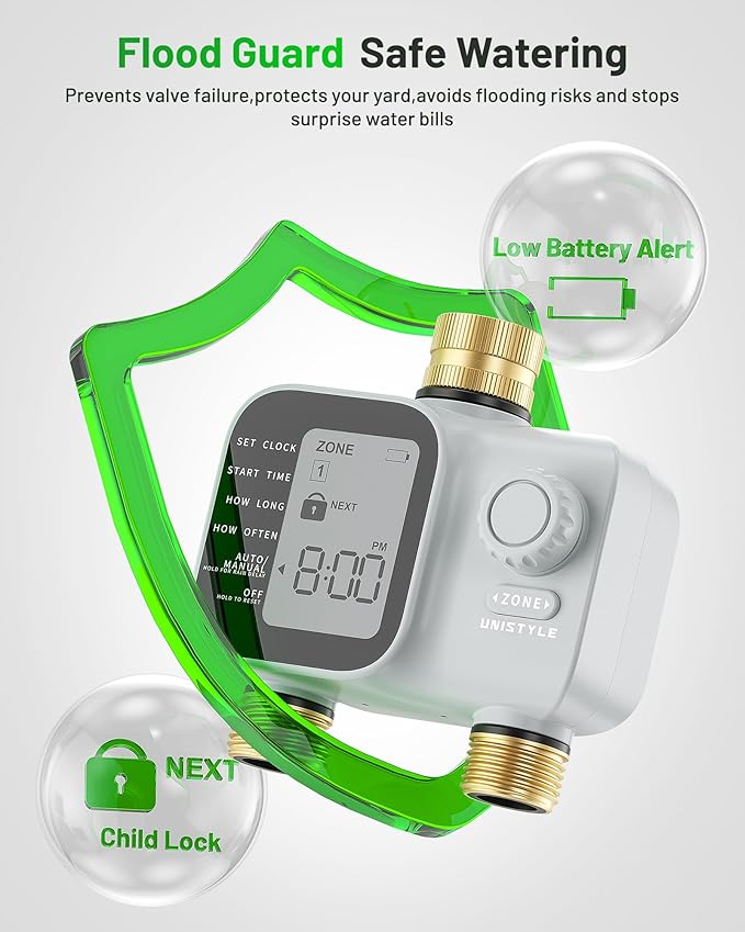 [2026 Upgrade] 2 Zone Sprinkler Timer with Brass Inlets & Outlets, Unistyle Programmable Water Timer for Garden Hose, IP55 Waterproof Hose Timers with Manual Irrigation Timers for Yard and Lawn Patio