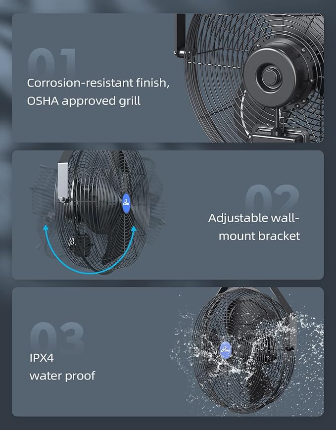 iLiving Wall Mounted Variable 14 Inches Speed Indoor/Outdoor Weatherproof Fan, Industrial grade for Patio, Greenhouse, Garage, Workshop, and Loading Dock, 2473 CFM, Black