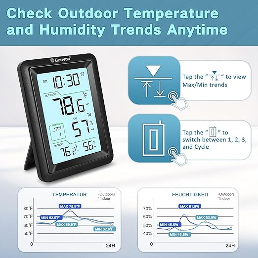 Geevon Wireless Indoor Outdoor Thermometer & Hygrometer with Remote Sensor – Digital Temperature & Humidity Monitor, Alarm, Snooze, 10s Backlight