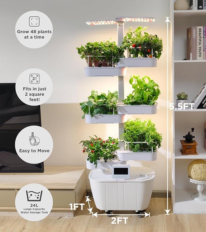 Hydroponics Growing System Kit,48 Pods Large Indoor Hydroponic Herb Garden with Smart LED Grow Light, Auto Circulating Water Pump,24L Water Tank,APP & WiFi Controlled,Gardening Systems for Ideal Gifts