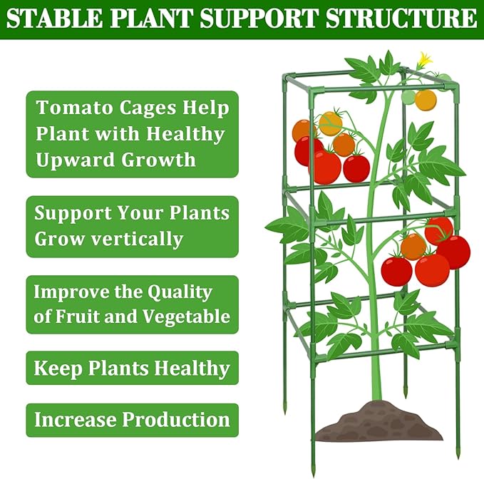 ZeeDix 6 Pack Heavy Duty Tomato Cages for Garden 60 Inches, Square Adjustable Tomato Trellis Cage Climbing Plant Support Trellis Plant Cages for Climbing Vegetables Flowers with 40Pcs Clips