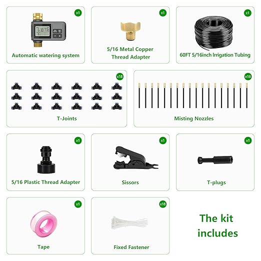 60Ft Drip Irrigation System with Smart Water Timer – Automatic Garden Watering Kit with Solid Brass Metal Connectors, 360° Adjustable Nozzles & Bendable Tubing for Garden, Greenhouse & Lawn
