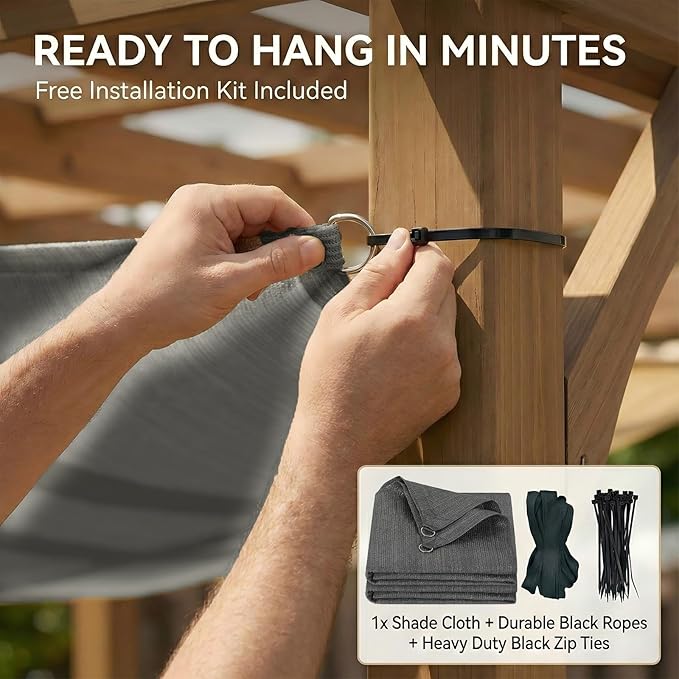 12X20 FT 90% Sun Shade Cloth, Sunblock Shade Fabric with D-Rings, Sunshade Cover for Patio Pergola Deck, UV Protected Breathable Netting with Zipties & Ropes, Gray