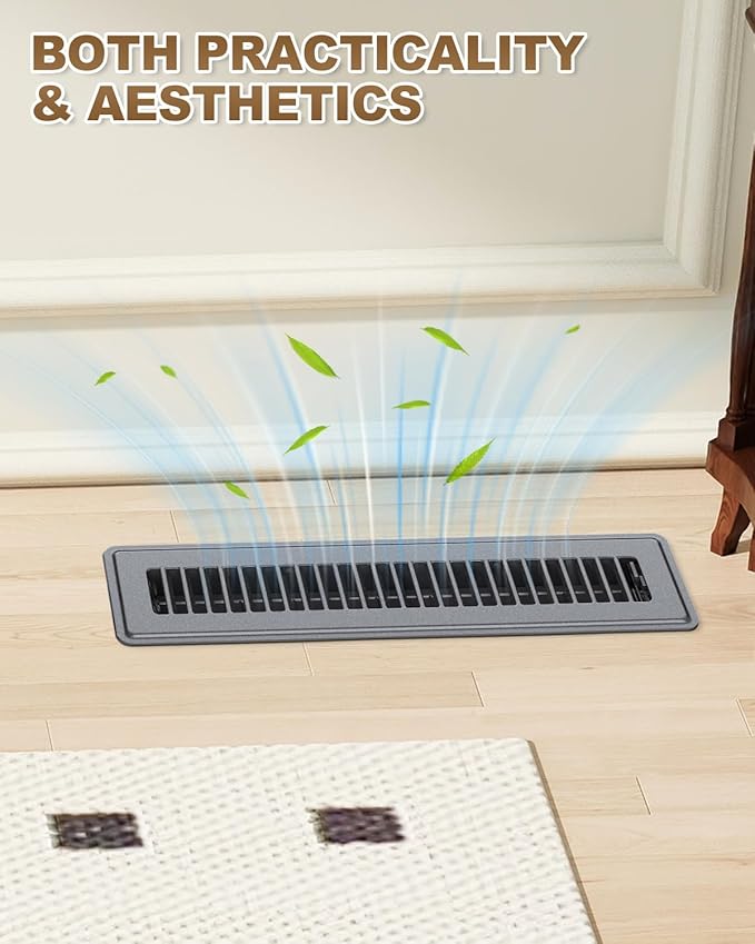 2 x 14 Floor Register, Gray Vent Covers for Home Floor, Anti-Rust Coated Metal Surfaces with Adjustable Airflow Control Lever, Ideal for HVAC Systems, Living Room & Bedroom Floor Vents - 4 Pack
