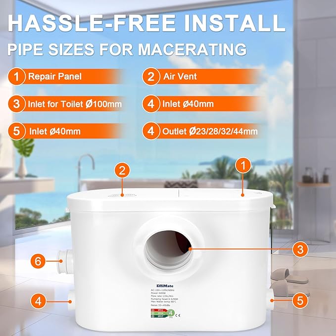 600W Macerator Pump, Powerful Sink Sewage Sump Pump, 8100 L/h Flow, Upflush 31.2 ft/9.5 m Head, 3 Water Inlets for Basement, Toilet, Shower, Kitchen, Bathtub Waste Water Disposal