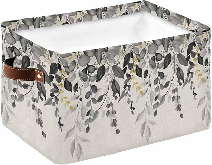 Grey Eucalyptus Storage Bins Cubes Waterproof Cloth Storage Basket, Farmhouse Weeping Leaves on Linen Foldable Storage Bags for Shelf Closet Clothes Storages Organizers with Handles 15x11x9.5 in 1PCS