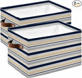 Beige Navy Blue Striped Storage Bins Cubes Waterproof Cloth Storage Basket,Farmhouse Stripes Modern Abstract Art Foldable Storage Bags for Shelf Storages Organizers with Handles 15x11x9.5 in 2PCS