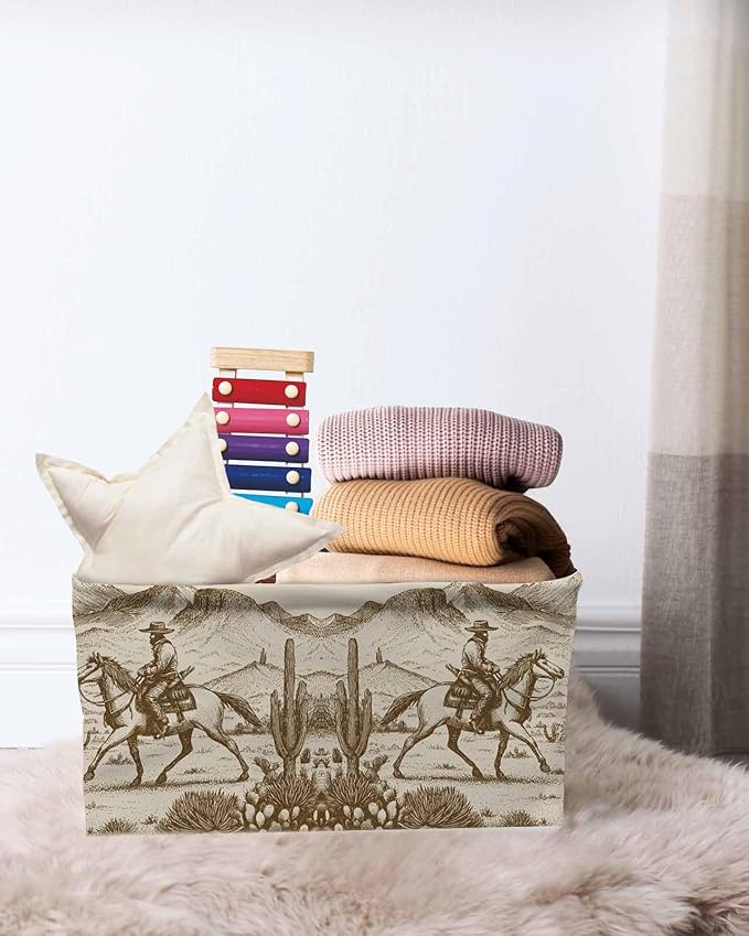 Beige Western Farmhouse Storage Bins Cubes Waterproof Cloth Storage Basket, Vintage Cowboys Cactus Foldable Storage Bags for Shelf Closet Clothes Storages Organizers with Handles 15x11x9.5 in 1PCS
