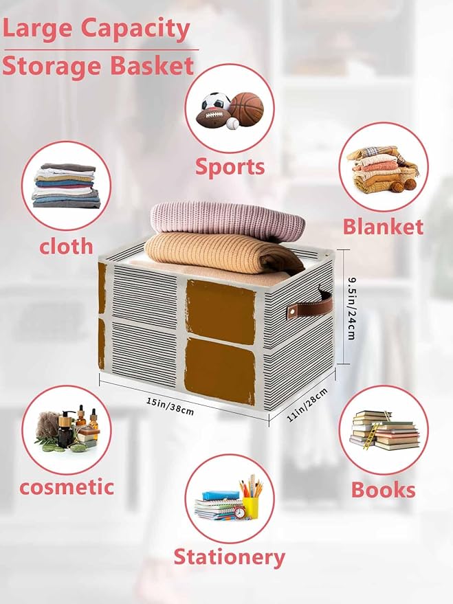 Brown Storage Bins Cubes Waterproof Cloth Storage Basket,Modern Painting Farmhouse Striped Abstract Art Foldable Storage Bags for Shelf Clothes Storages Organizers with Handles 15x11x9.5 in 1PCS