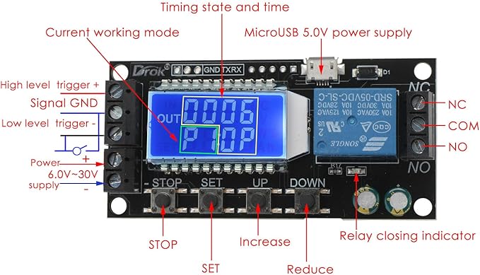 DROK Time Delay Relay, DC 5V/12V/24V Timer Relay Delay-Off Cycle 0.01s-9999mins Adjustable Trigger with LCD Display Support Micro USB 5V Input