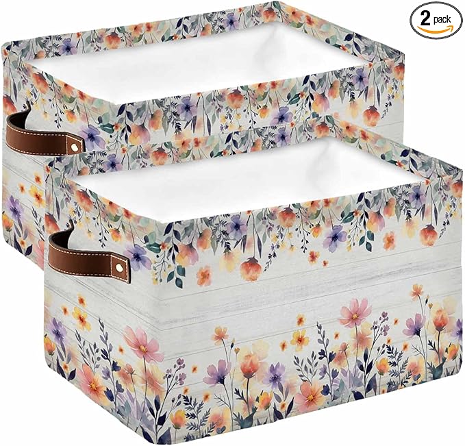 Pink Spring Floral Storage Bins Cubes Waterproof Cloth Storage Basket,Elegant Flowers Farmhouse Botanical Wooden Foldable Storage Bags for Shelf Storages Organizers with Handles 15x11x9.5 in 2PCS