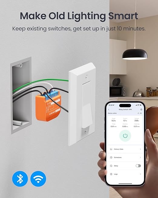 SwitchBot Matte Relay Switch 1PM, WiFi Switch Compatible with Alexa/Apple Home/Google Home, Power-Measuring Relay Switch Module with Integrated Bluetooth Repeater, Bluetooth & Wi-Fi 2.4 GHz, 16 A