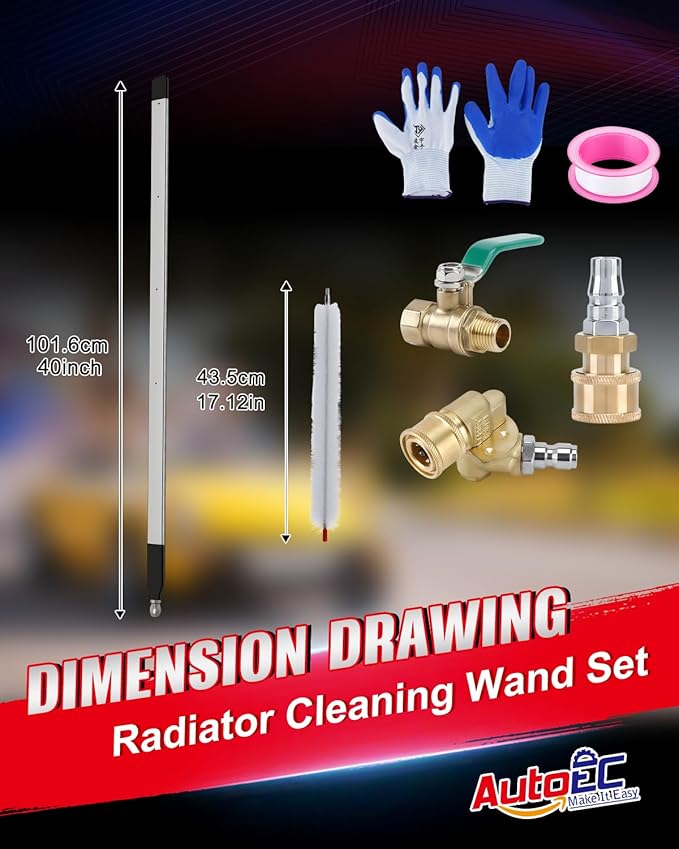 AutoEC 40" Radiator Cleaning Wand for Cars, 4500 PSI Stainless Steel Water/Air Cleaning Wands Kit with 180° Swivel Joint & Cleaning Brush for Trucks, Heavy Equipment